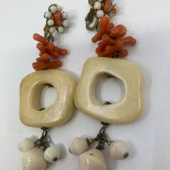 Vtg MIRIAM HASKELL signed bone red coral glass hippy boho 3" earrings - Picture 1 of 5